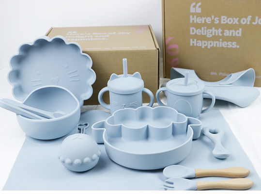 Großhandelsbaby Geschirr führte Absetzensilikon-Schellfisch-Löffel-Schüssel-Löffel-Schüssel-Platten-Silikon-Baby-Fütterungsgeschirr-Satz-Produkt