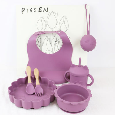 angepasste Silikonprodukte Lebensmittelqualität Silikon-Fütterungs-Set Zeichentrickfilm Katze Stil Silikon-Babynahrungs-Set