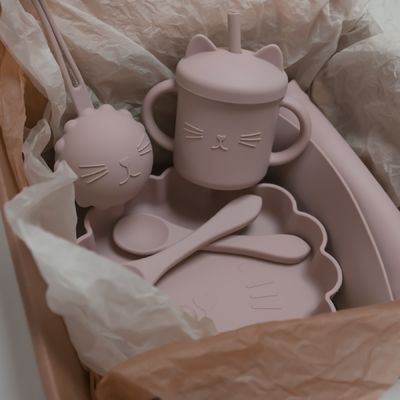 Großhandelsbaby Geschirr führte Absetzensilikon-Schellfisch-Löffel-Schüssel-Löffel-Schüssel-Platten-Silikon-Baby-Fütterungsgeschirr-Satz-Produkt