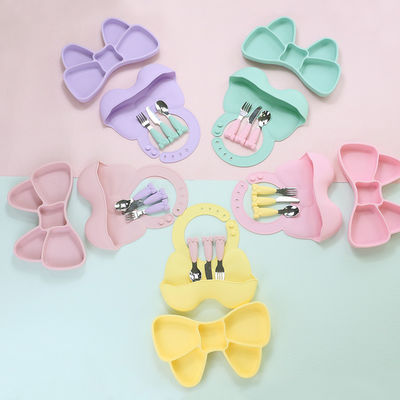 Baby Geschirr Absetzensilikon-Geschirr-Satz-Schellfisch-Platten-Edelstahl-Löffel-Messer-Gabel