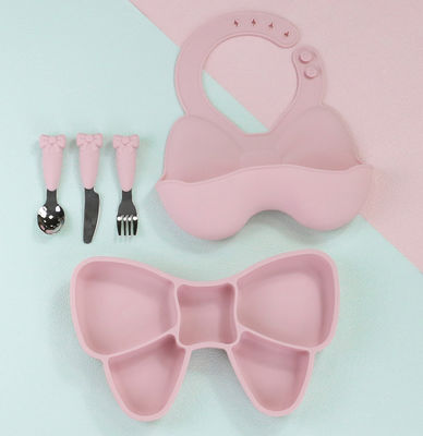 Bow Knot Baby-Fütterungs-Saugnapfteller, niedliches Lätzchen und Cartoon-Löffel-Gabel-Geschirr-Sets