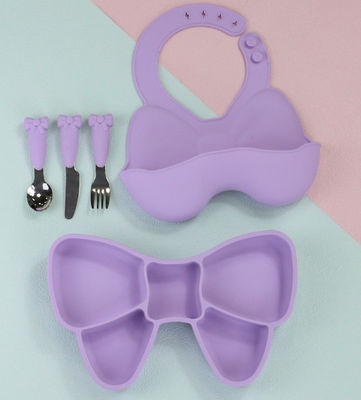 Bow Knot Baby-Fütterungs-Saugnapfteller, niedliches Lätzchen und Cartoon-Löffel-Gabel-Geschirr-Sets
