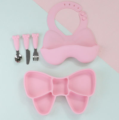 Bow Knot Baby-Fütterungs-Saugnapfteller, niedliches Lätzchen und Cartoon-Löffel-Gabel-Geschirr-Sets