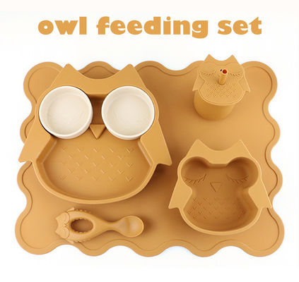 Dauerhaft weiches Silikon-Geschirr stellte Owl Plate Bowl Spoon Sippy-Schalen-Schellfisch ein