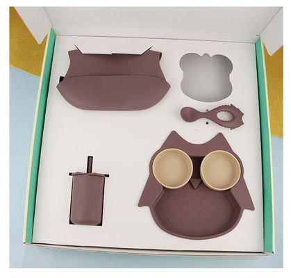 Dauerhaft weiches Silikon-Geschirr stellte Owl Plate Bowl Spoon Sippy-Schalen-Schellfisch ein