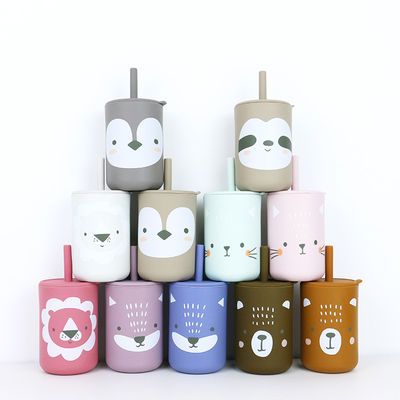 Hohe Flexibilität Drucktiere Silikon-Kinder-Tasse mit Stroh - Kapazität 200 ml - Ideal zum Trinken